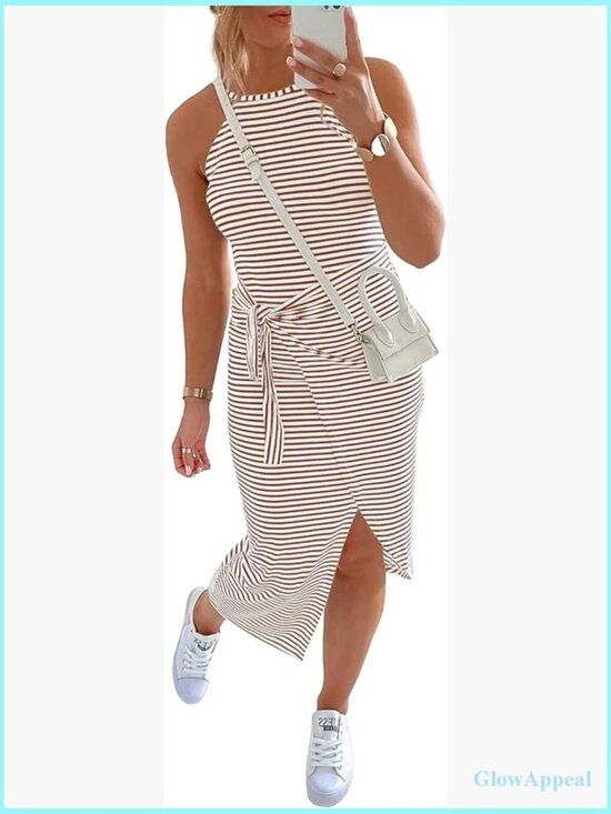 Dresses & Skirts - Sleeveless Striped Ruched Bodycon Midi Dress Tie Waist Summer Casual